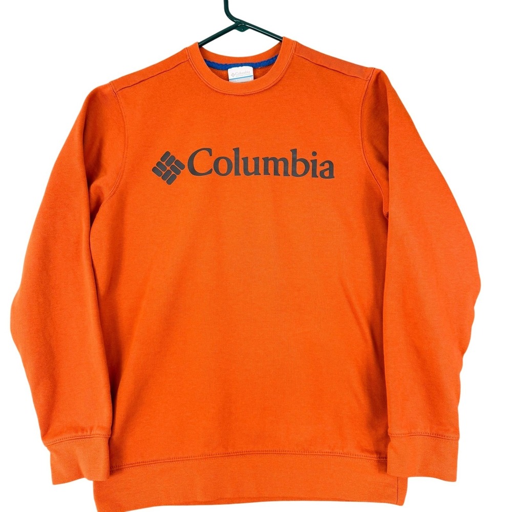 Columbia Sweatshirt Mens‎ Small Orange Crewneck Fleece Pullover Logo AM0954